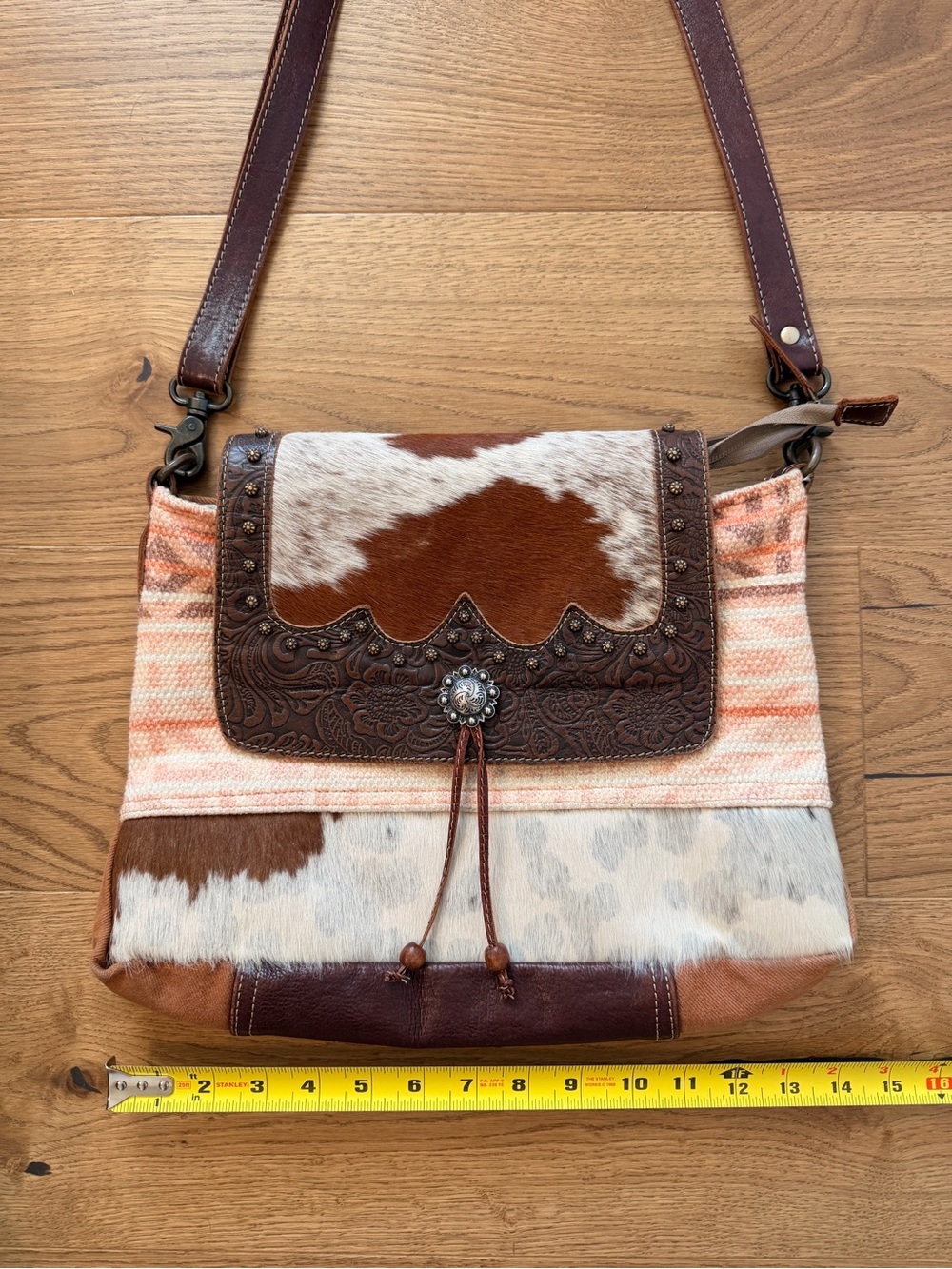 Myra Bag Brown and White Cowhide Patchwork Crossbody with Embossed Leather Flap